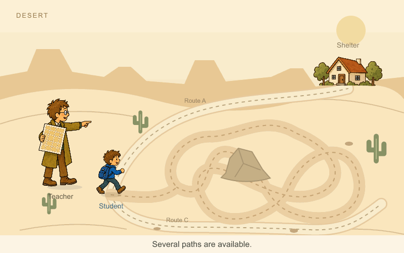 In the desert, three candidate paths diverge. The teacher selects a tangled, self-crossing route. The student follows its twists and loops repeatedly without reaching the shelter in the distance.